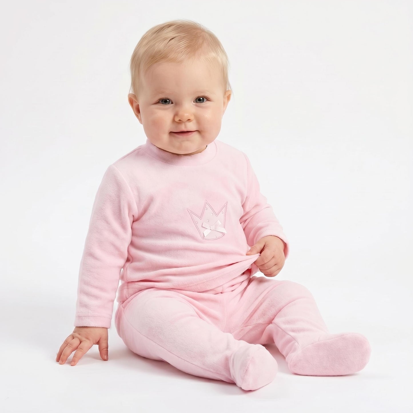 Baby Pink Cotton Velour Crown Pram Suit