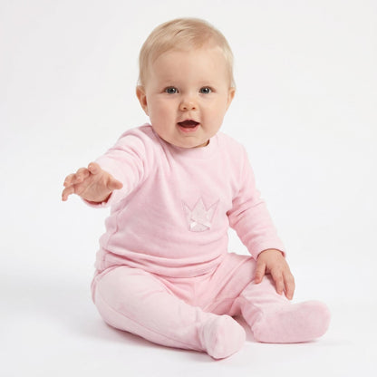 Baby Pink Cotton Velour Crown Pram Suit