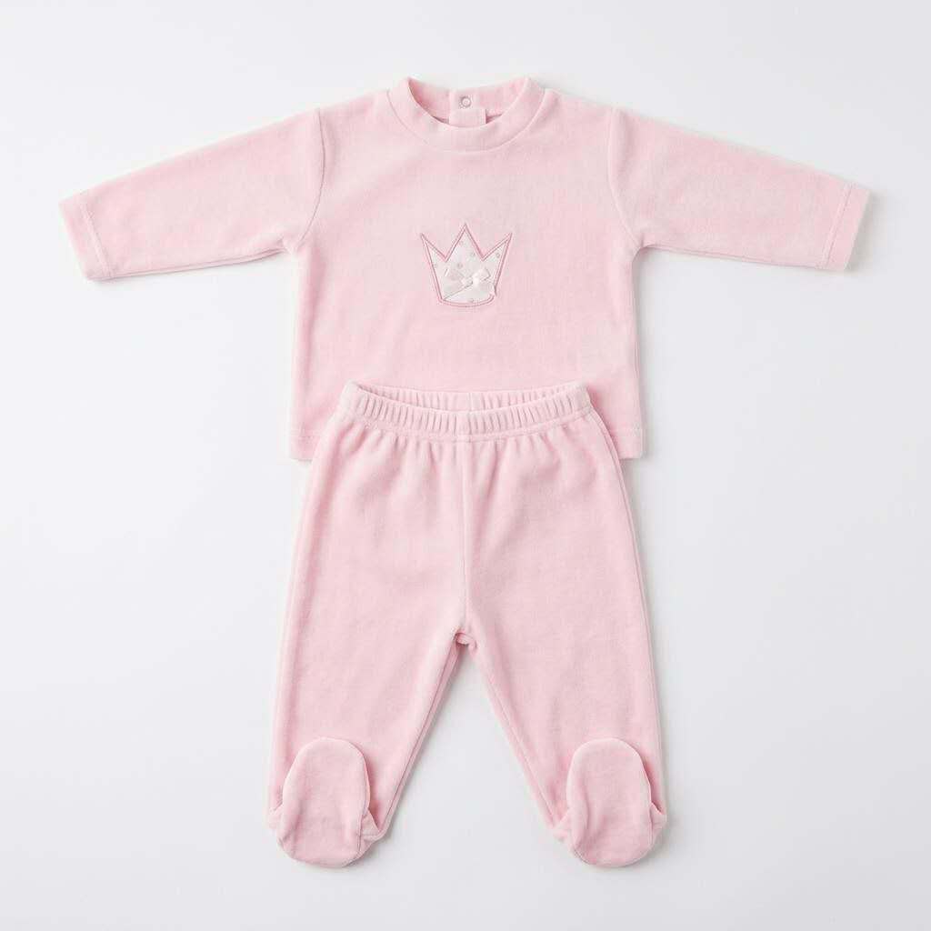 Baby Pink Cotton Velour Crown Pram Suit