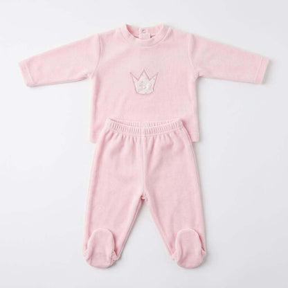 Baby Pink Cotton Velour Crown Pram Suit