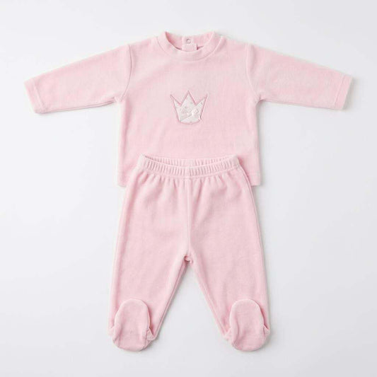 Baby Pink Cotton Velour Crown Pram Suit