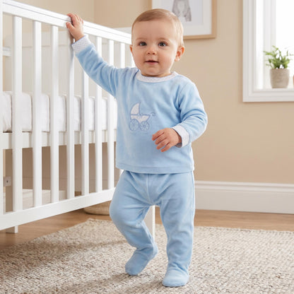 Baby Boys Blue Velour Carriage Pram Suit Set