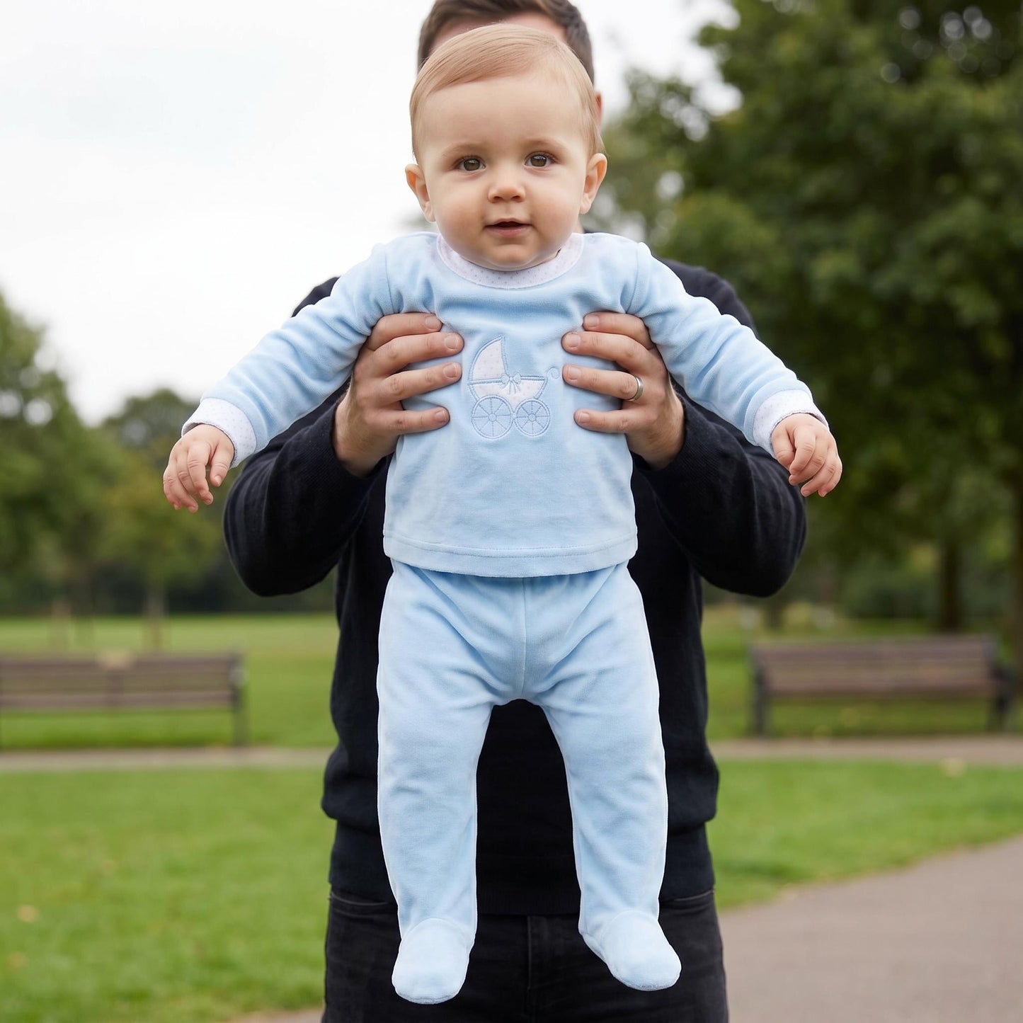 Baby Boys Blue Velour Carriage Pram Suit Set