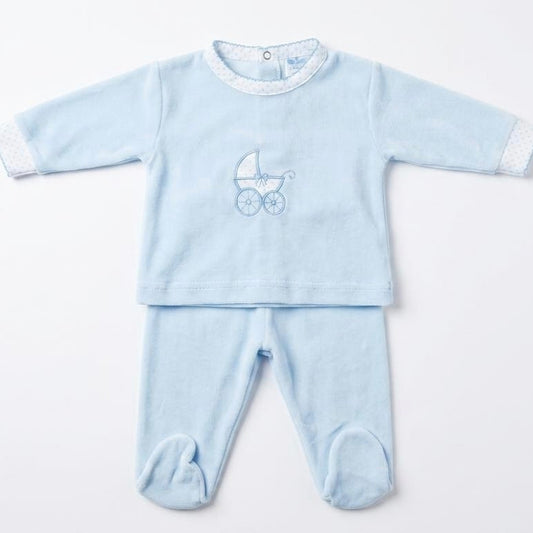 Baby Boys Blue Velour Carriage Pram Suit Set
