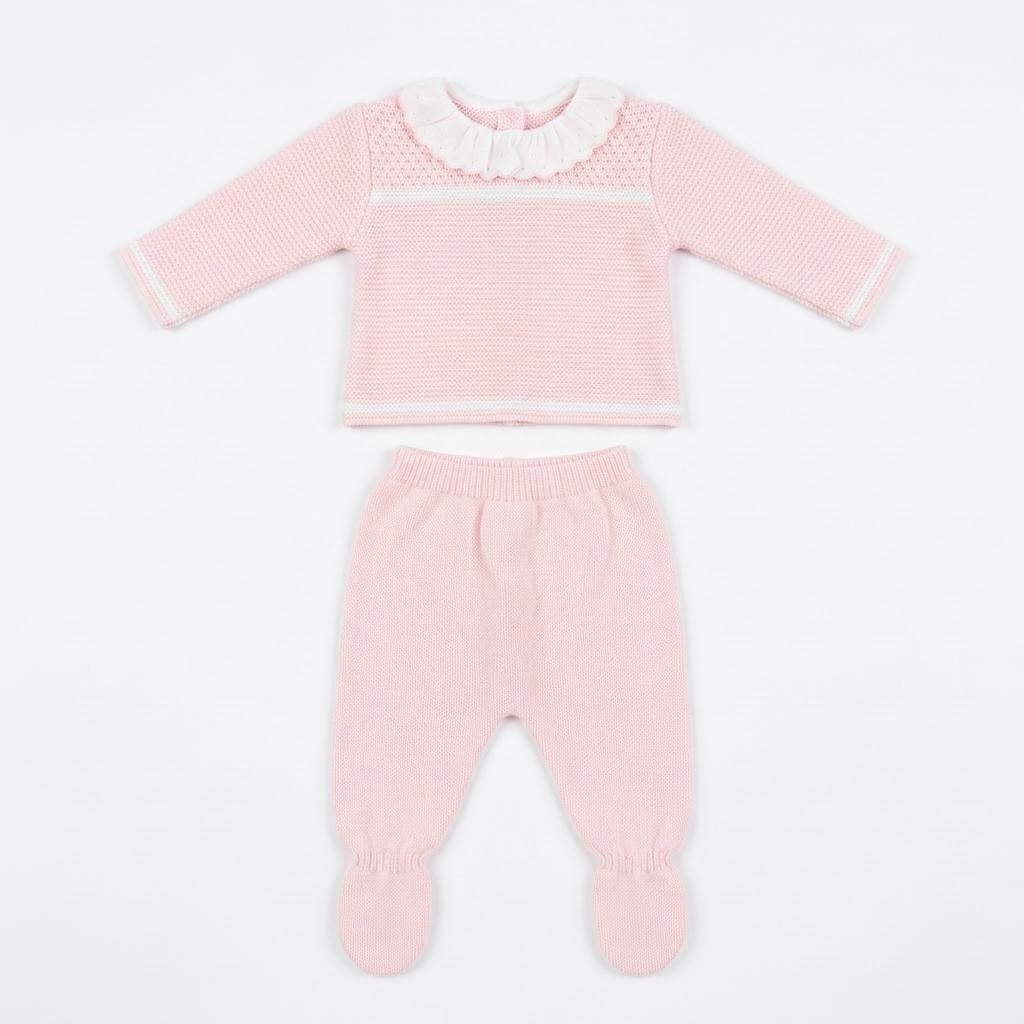 Baby Girls Light Pink Knit Collar Pram Suit Set