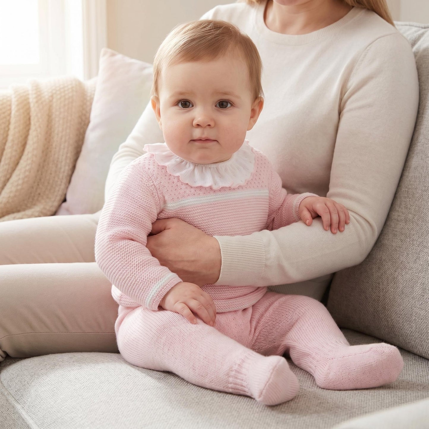 Baby Girls Pink Frill Collar Knit Pram Suit