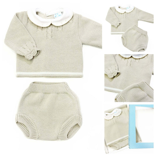 Baby Boys Stone Knitted Two-Piece Outfit by Sardon