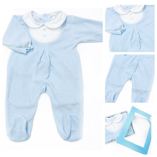 023HA-724 SARDON Baby Boy Blue Cotton Velour Button Bodysuit