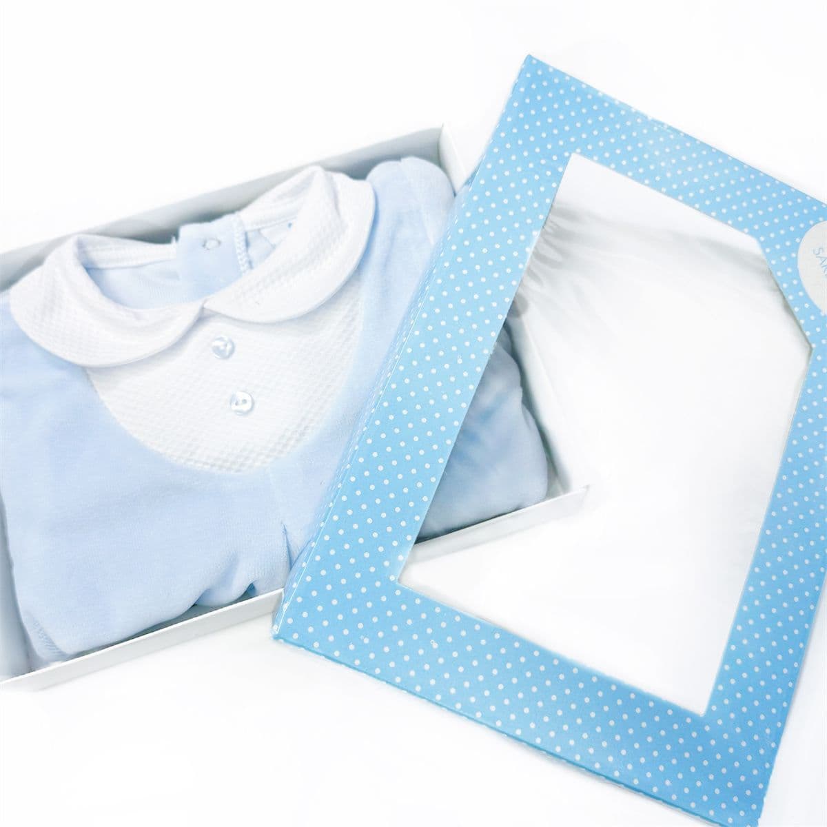 023HA-724 SARDON Baby Boy Blue Cotton Velour Button Bodysuit