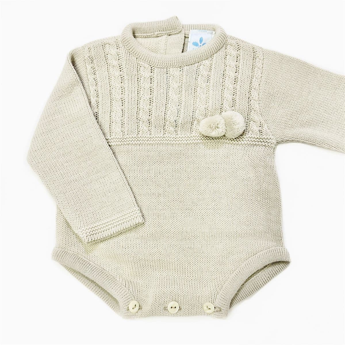 023RF-710 SARDON Baby Boy Beige Cable Knit Pom Romper Onesie
