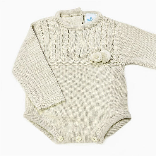 023RF-710 SARDON Baby Boy Beige Cable Knit Pom Romper Onesie