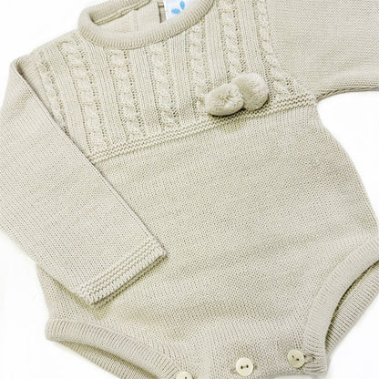 023RF-710 SARDON Baby Boy Beige Cable Knit Pom Romper Onesie