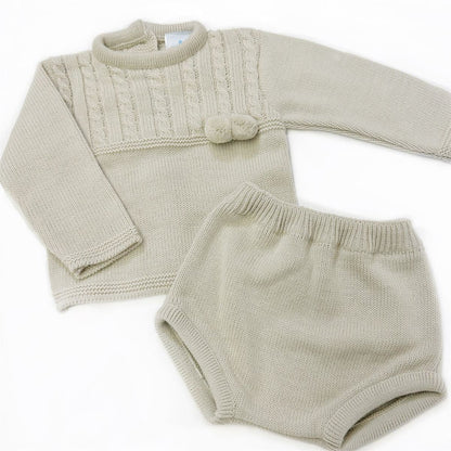 023RF-711 SARDON Baby Boy Beige Cable Knit Pom Pants Set