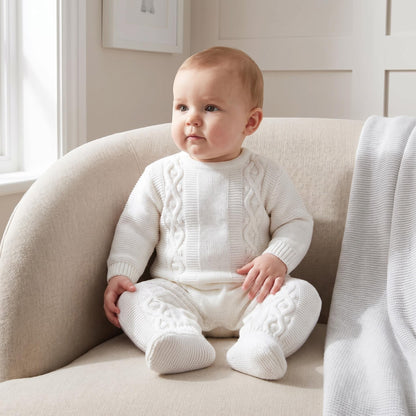 Unisex White Cable Knit Pramsuit