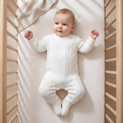 Unisex White Cable Knit Pramsuit