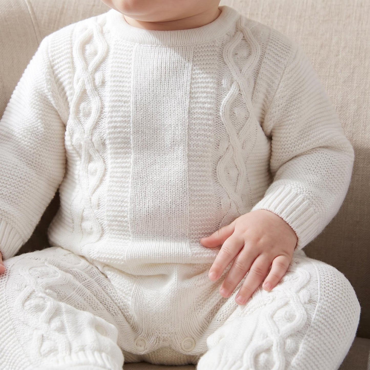 Unisex White Cable Knit Pramsuit