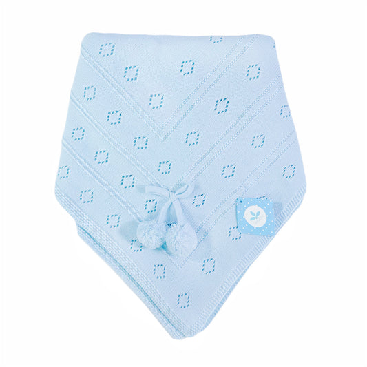 Blue Knitted Baby Shawl with Pom Poms