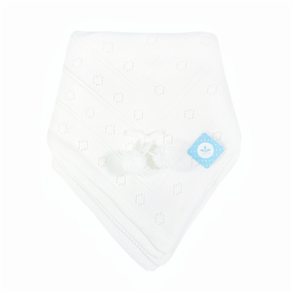 White Knitted Baby Shawl with Pom Poms