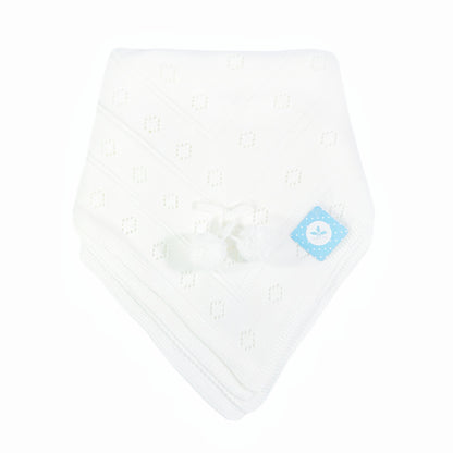 White Knitted Baby Shawl with Pom Poms