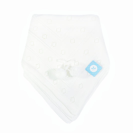 White Knitted Baby Shawl with Pom Poms