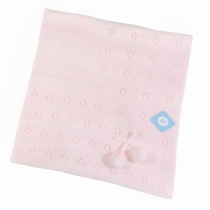 Pink Knitted Baby Shawl with Pom Poms