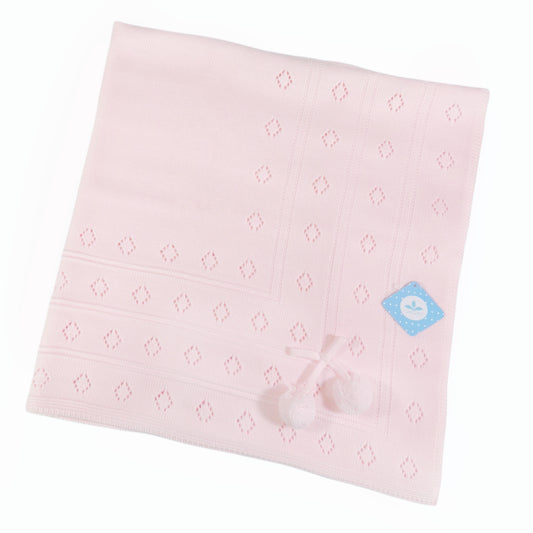 Pink Knitted Baby Shawl with Pom Poms