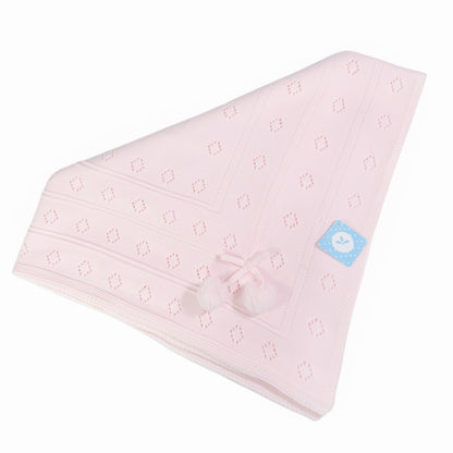 Pink Knitted Baby Shawl with Pom Poms
