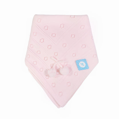Pink Knitted Baby Shawl with Pom Poms