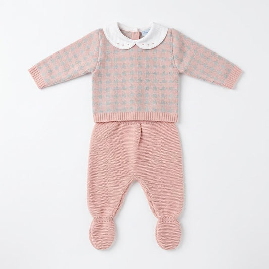Baby Girls Pink Patterned Knit Pram Suit