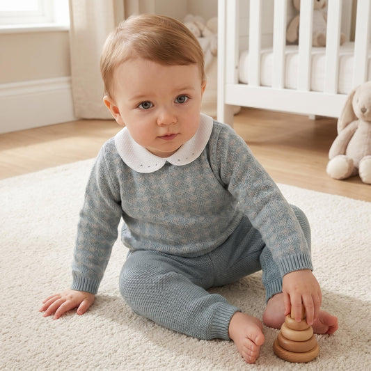Baby Boys Blue Patterned Knit Trouser Set