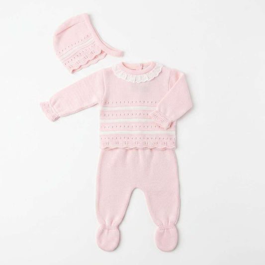 Baby Girls Pink and White Striped Knit Set with Hat