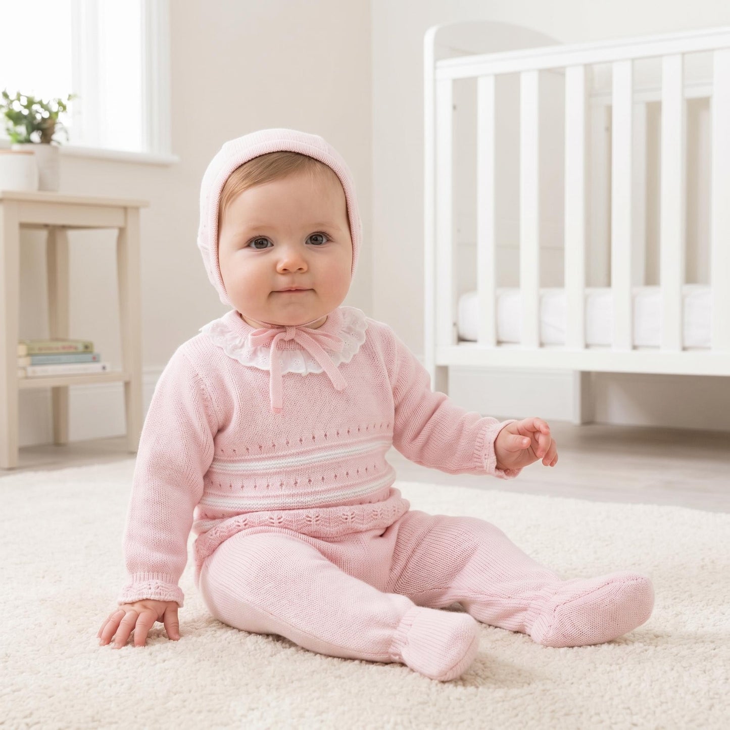 Baby Girls Pink and White Striped Knit Set with Hat