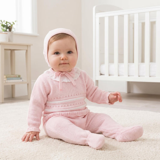 Baby Girls Pink and White Striped Knit Set with Hat
