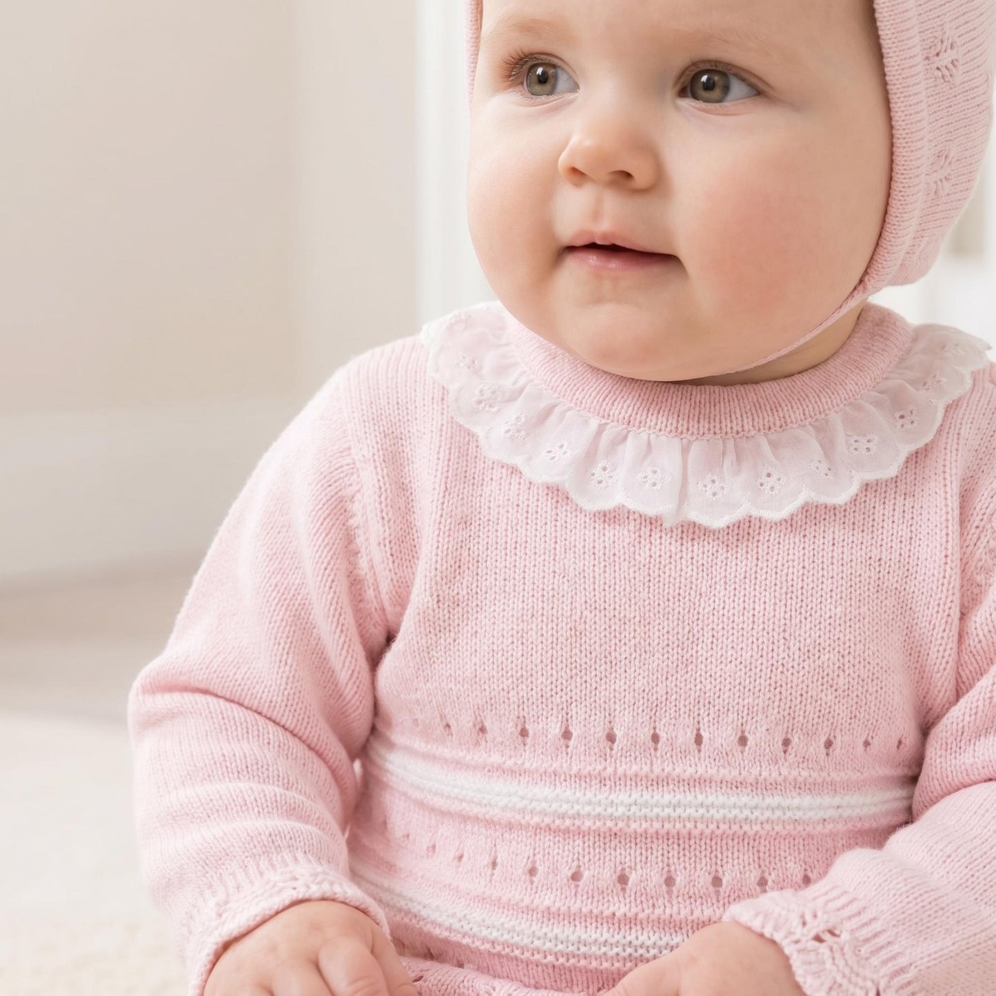 Baby Girls Pink and White Striped Knit Set with Hat