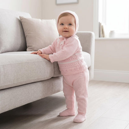 Baby Girls Pink and White Striped Knit Set with Hat