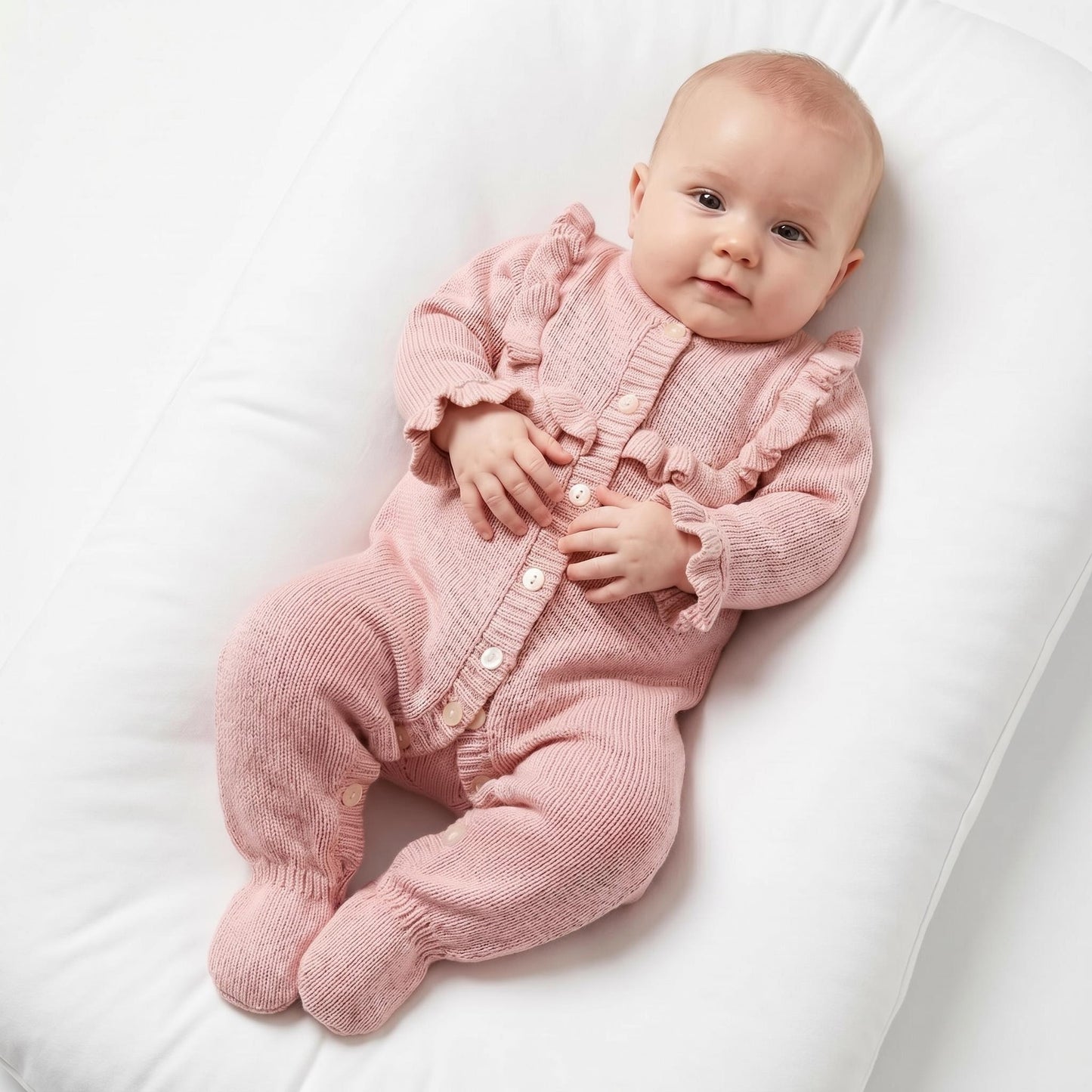 Baby Girls Pink Frill Knit Pramsuit