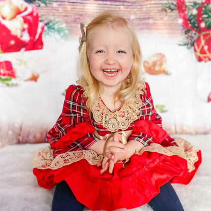 Baby Girls Red Tartan Lace Layered Bow Dress