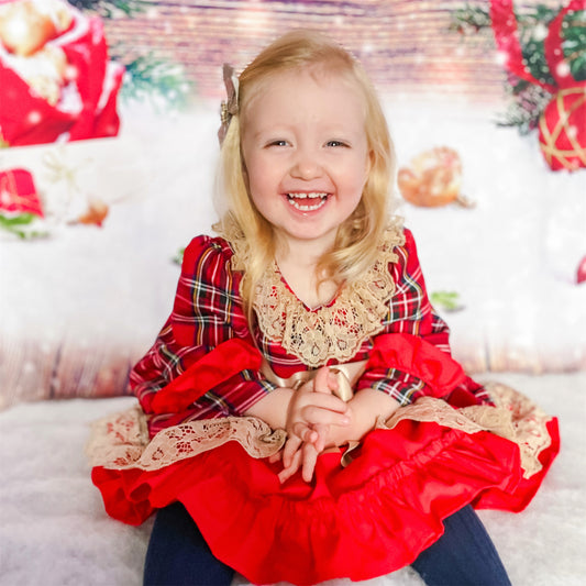Baby Girls Red Tartan Lace Layered Bow Dress