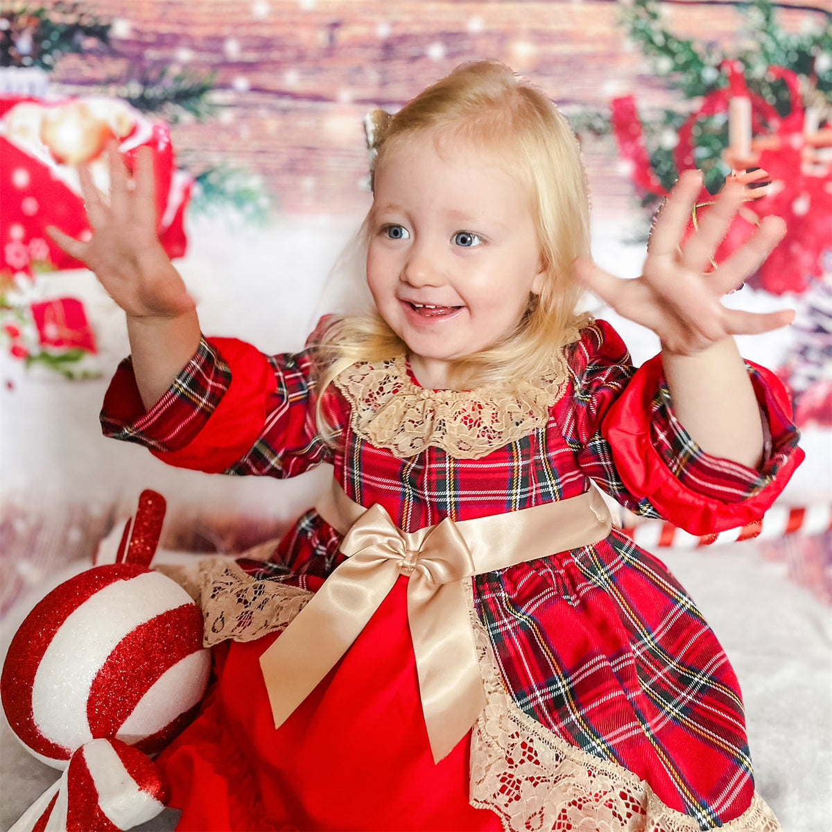 Baby Girls Red Tartan Lace Layered Bow Dress