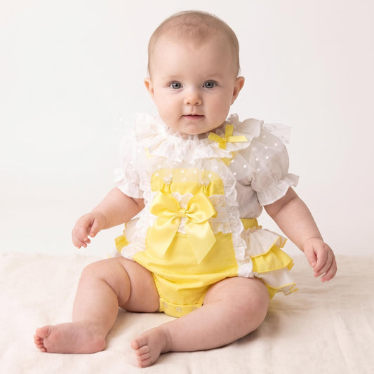 Baby Girls Yellow Frilly Back Romper With Lace Detail