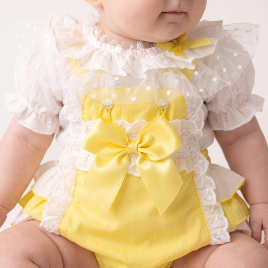 Baby Girls Yellow Frilly Back Romper With Lace Detail