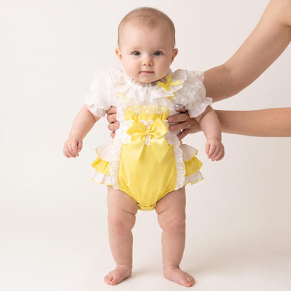Baby Girls Yellow Frilly Back Romper With Lace Detail