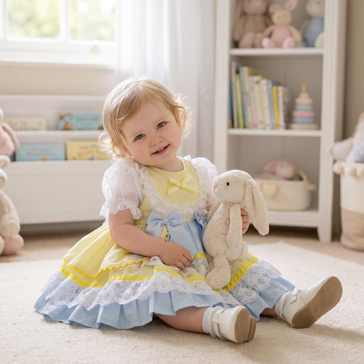 Baby Girls Yellow & Blue Spanish Style Lace Bow Dress