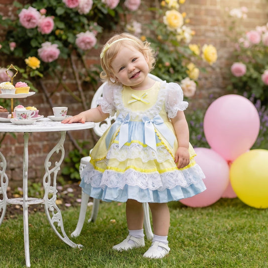 Baby Girls Yellow & Blue Spanish Style Lace Bow Dress