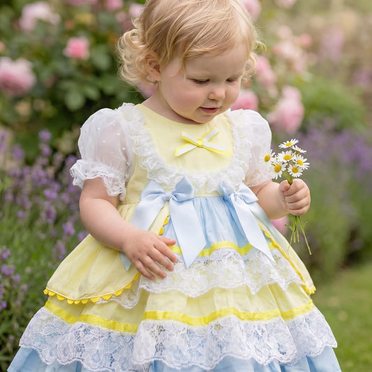 Baby Girls Yellow & Blue Spanish Style Lace Bow Dress