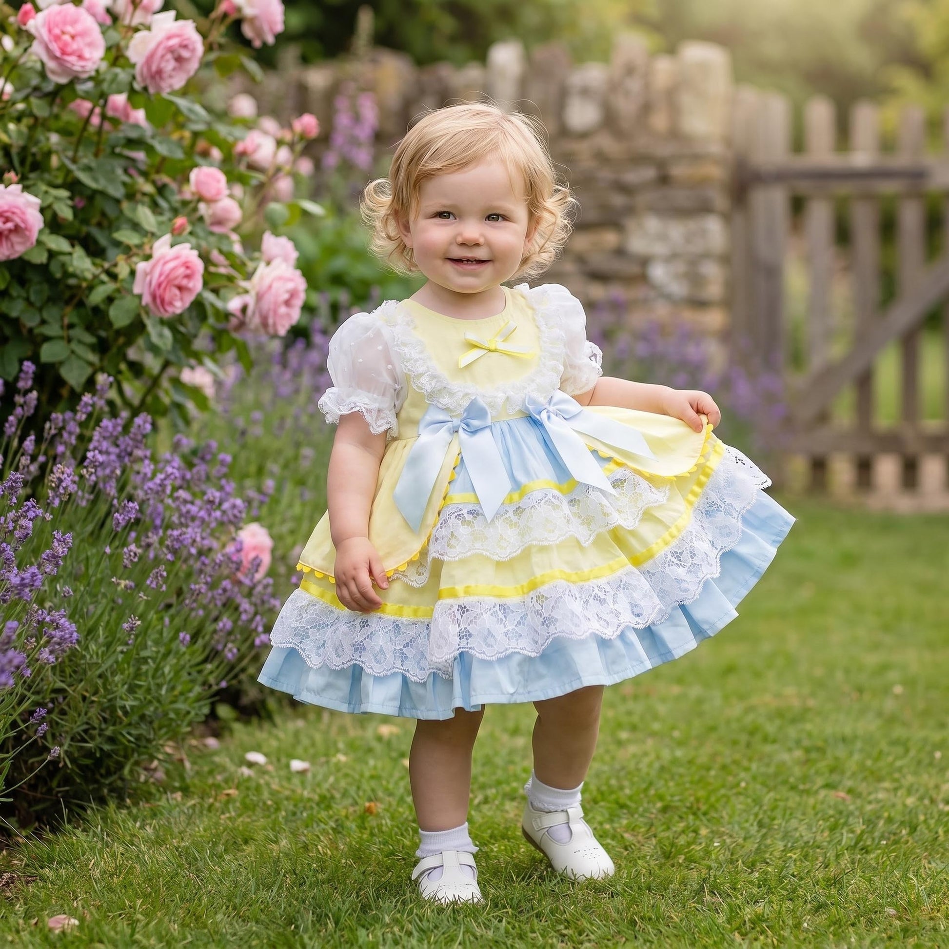 Baby Girls Yellow & Blue Spanish Style Lace Bow Dress
