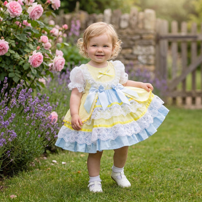 Baby Girls Yellow & Blue Spanish Style Lace Bow Dress