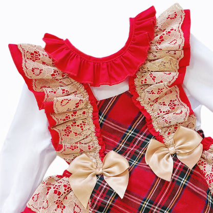 Baby Girls Red Tartan Lace Brace Pants and Blouse