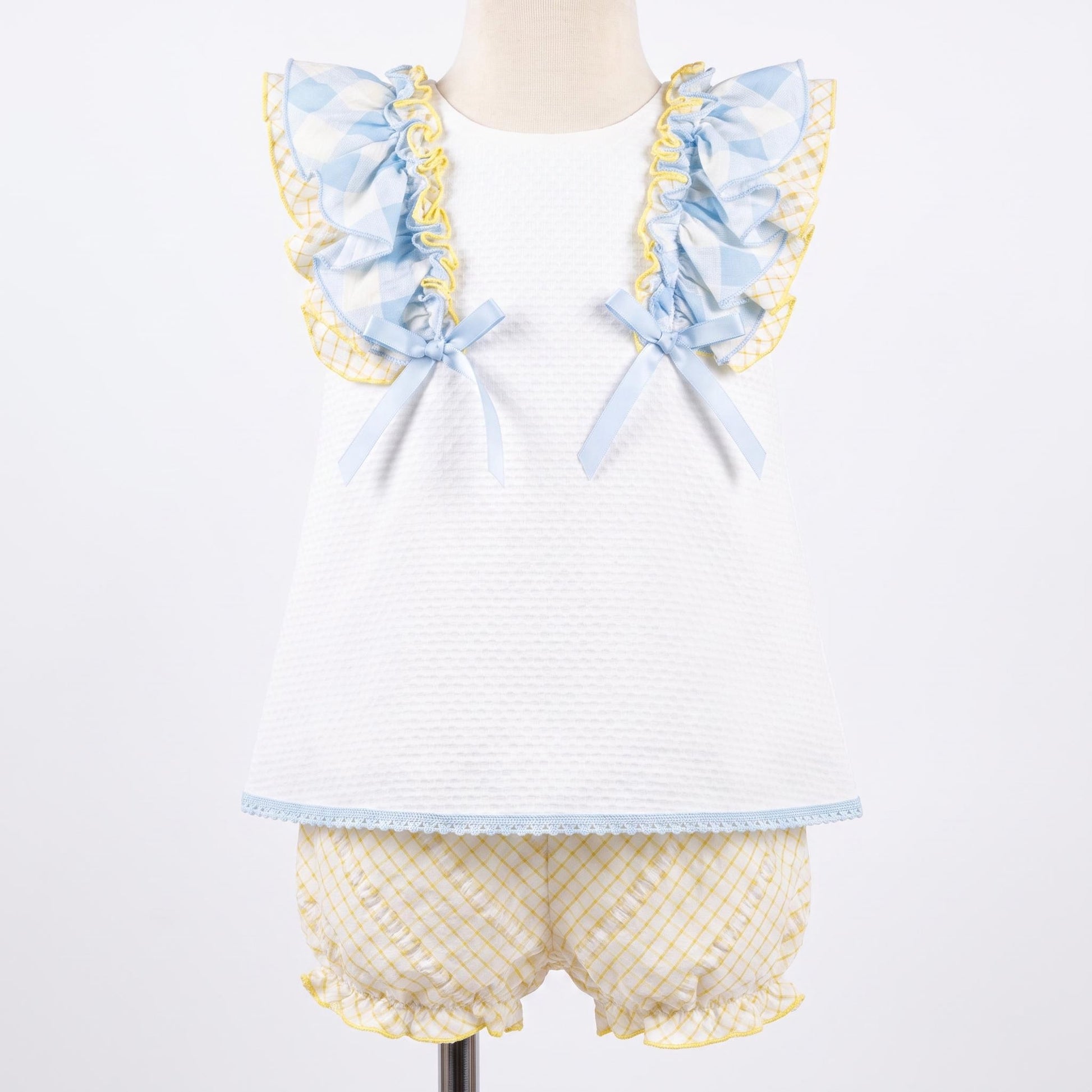 Baby Girls Blue & Yellow Waffle Frill Dress With Knickers