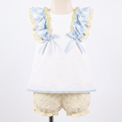 Baby Girls Blue & Yellow Waffle Frill Dress With Knickers